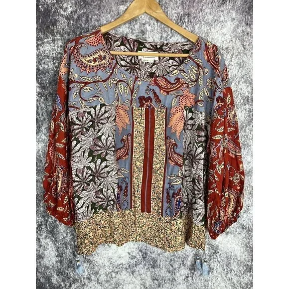 Anthropologie Sonrisa Paisley Floral Tassled Boho Peasant Viscose Blouse Size S - Picture 3 of 16